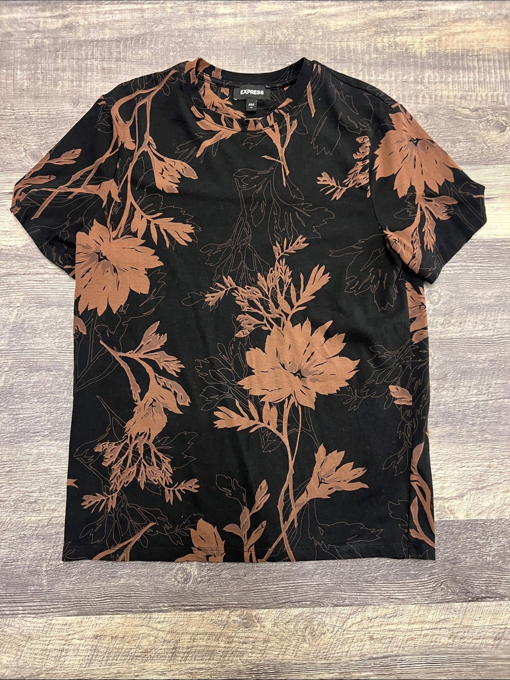 Express Black Short Sleeve Shirt with Brown Floral Print